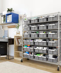 7-Tier NSF 21-Bin Steel Wire Shelving Rack With 48 W X 14 D X 56 H Gray Adjustable Leveling Feet Removable Gray Bins Beefy Heavy-Duty Garage and Workshop Storage Organizer in office
