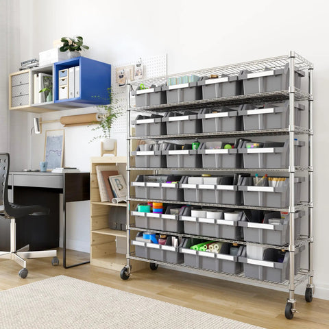 7-Tier NSF 21-Bin Steel Wire Shelving Rack With 48 W X 14 D X 56 H Gray Adjustable Leveling Feet Removable Gray Bins Beefy Heavy-Duty Garage and Workshop Storage Organizer in office