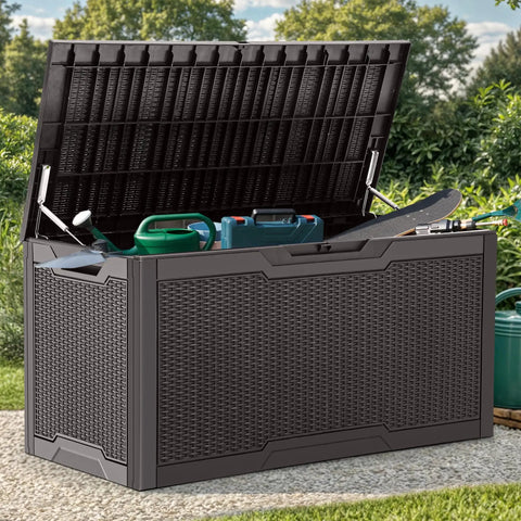 100 Gallon Large Deck Box Outdoor Resin Storage For Patio Furniture Cushions And Garden Tools Weatherproof Lockable Lid Open