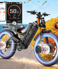 2025 Romeo Pro 3 Electric Mountain Bike Delivering Killer 240 Mile Range With 60V 80Ah Beast Mode Battery Heavy Duty 5600W Dual Motor 26x4.0 Fat Tires Full Air Suspension And Hydraulic Brakes with blue glowing wheels and display.