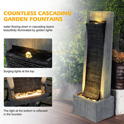 7-Tier Rock Water Fountain With Lights For Outdoor Garden Decor, Cascading Waterfall For Patio or Indoor Art Decor