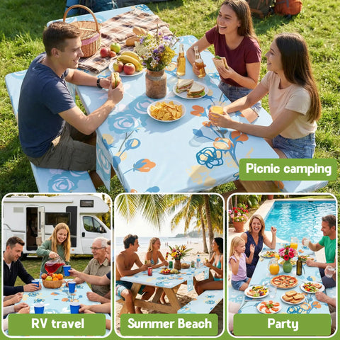 Group enjoying a picnic with Waterproof Picnic Table Cover With Bench Covers Set Includes 1 Table Cover And 2 Bench Covers Fits 72 Inch Tables And 72 Inch Benches Outdoor Camping Tablecloth With Storage Bag Easy Clean Ideal For Campgrounds RV Trips Backyards Picnics And Meals