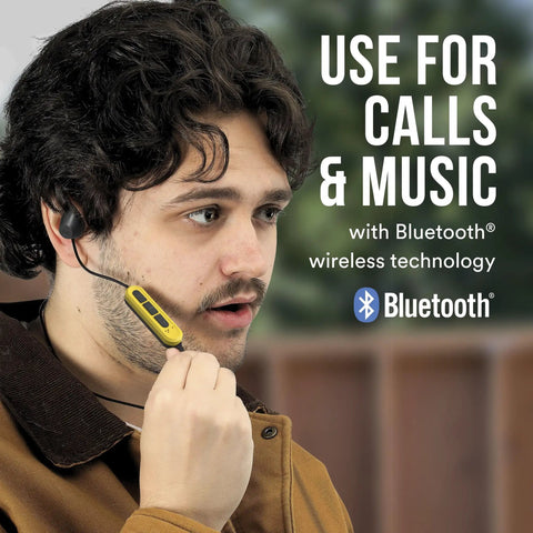 Man using Bluetooth 6.0 Hearing Protection Earbuds With 19dB NRR, Hands Free Calls And Tunes, IPX4 Water And Sweat Resistant, 10 Hour Battery.