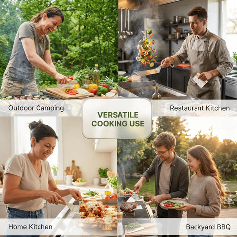 Collage of diverse cooking settings including outdoor camping, restaurant kitchen, home kitchen, and backyard BBQ.