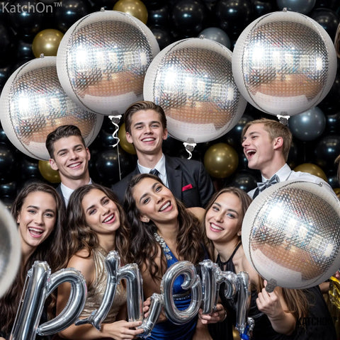 Smiling group with 22 Inch Large Silver Disco Ball Foil Balloons Pack Of 6, Metallic Mylar Round Mirrors For Graduation Decorations 2026