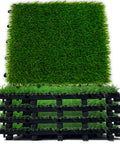 Tool Free Interlocking Artificial Turf Deck Tiles 12x12 Inches Set of 8 stacked showing realistic green faux grass surface