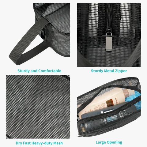 Close-up of a Mesh Shower Caddy Bag For Bathroom, Gym, Camping And Travel, showing handle, zipper, large opening, and heavy-duty mesh