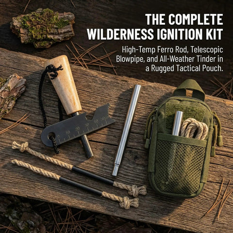 Go To Fire Starter Kit For Hiking And Camping With Magnesium Rod Ferro Rod And Steel Striker, Blowpipe, and Hemp Tinders on Table