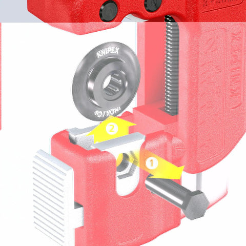 Close-up of Three Inch TubiX S Pipe Cutter with QuickLock, showing cutting mechanism for copper and stainless steel pipes.