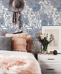 Bedroom with Navy Floral Peel And Stick Wallpaper From Secret Garden Pattern Safe For Walls No Mess Residue Free And Easily Removable Repositionable On Any Smooth Surface Ideal For DIY Accent Walls And Quick Home Makeovers, featuring art and decor items. 