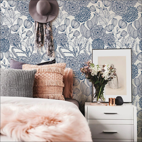 Bedroom with Navy Floral Peel And Stick Wallpaper From Secret Garden Pattern Safe For Walls No Mess Residue Free And Easily Removable Repositionable On Any Smooth Surface Ideal For DIY Accent Walls And Quick Home Makeovers, featuring art and decor items. 