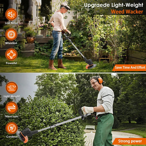 Two people using Cordless Weed Wacker With Dual 21V 2000mAh Batteries 3 In 1 Electric String Trimmer And Brush Cutter in garden.
