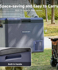 Crank Up The Chill 32 Qt Portable Car Refrigerator And Freezer Ultra Quiet DC Compressor Electric Cooler No Sweat Waterproof For Trucks Vans Smooth Operator Stashing Drinks Snacks On Every Road Trip, featuring built-in handles for easy transport.