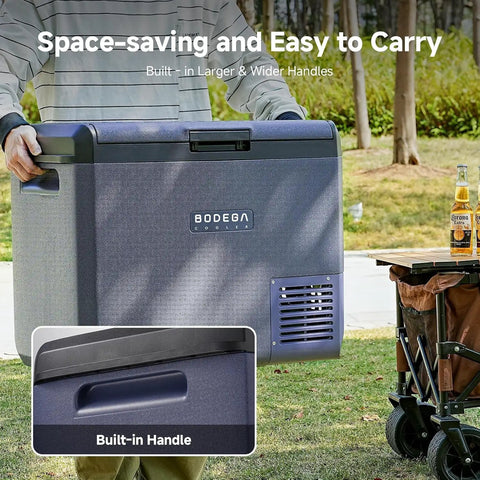 Crank Up The Chill 32 Qt Portable Car Refrigerator And Freezer Ultra Quiet DC Compressor Electric Cooler No Sweat Waterproof For Trucks Vans Smooth Operator Stashing Drinks Snacks On Every Road Trip, featuring built-in handles for easy transport.
