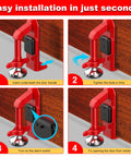 Ultra Portable 80dB Alarm Door Stopper For Home Office And Travel, No Hassle Anti Theft Security Alarm At The Bottom Of Doors, Adjustable Easy To Install Red Door Security Device That Deters Intruders And Keeps You Safe. Red metal door alarm stopper shown in 4-step installation
