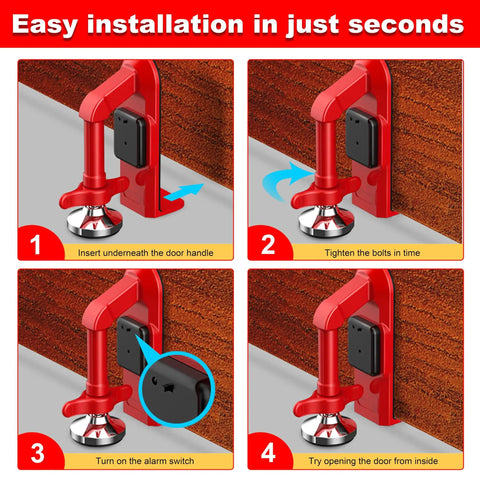 Ultra Portable 80dB Alarm Door Stopper For Home Office And Travel, No Hassle Anti Theft Security Alarm At The Bottom Of Doors, Adjustable Easy To Install Red Door Security Device That Deters Intruders And Keeps You Safe. Red metal door alarm stopper shown in 4-step installation