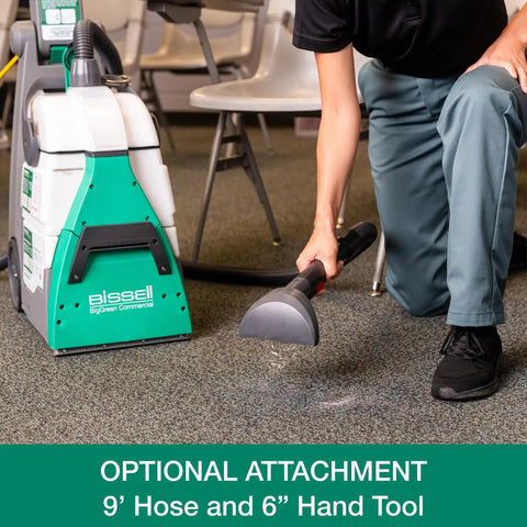 Person using BigGreen Commercial BG10 Deep Cleaning Two Motor Carpet Extractor Machine with dual tanks and suction hand tool