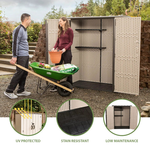Vertical Storage Shed Desert Sand With Lockable Doors And Weather Resistant Resin Panels, 51.25 Cu Ft Interior