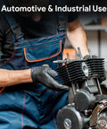 Side view of mechanic wearing FifthPulse black nitrile gloves, large, handling an engine cylinder head.