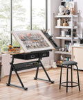 Height Adjustable Drafting Table With Tilted Tabletop And Built In Storage Drawers And Stool For Home Office And Art Studio A Real Workhorse For Sketching Watercolors Painting And Craft Projects in a well-lit studio.