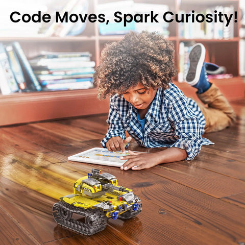 STEM Robot Building Kit For Kids Aged 8 to 12 With Remote Control Cool Hands On Robotics Toy For Boys And Teens Learn Coding Engineering And Problem Solving The Ultimate Gift For Birthday Or Holidays, child using tablet