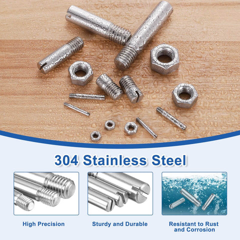 Slotted Cylindrical Pin Set M3 x 30mm With Nuts, 304 Stainless Steel Dowel Pins External Thread Locating Pins For Cabinet And Furniture Installation, 5 Pack Ready To Install shown on wood surface with nuts