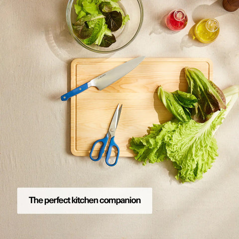 Heavy Duty Kitchen Shears For Everyday Chores, Pro Grade Stainless Steel Scissors For Meat, Herbs And Veggies, Ambidextrous Comfort Handle, Easy Clean Design, Durable Blue Kitchen Must Have on cutting board