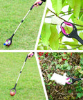 Grabber Reacher Tool, purple 32-inch foldable trash picker with magnetic 360° jaw, shown outdoors in yard and shrubs.