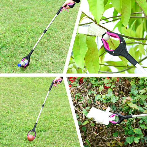 Grabber Reacher Tool, purple 32-inch foldable trash picker with magnetic 360° jaw, shown outdoors in yard and shrubs.