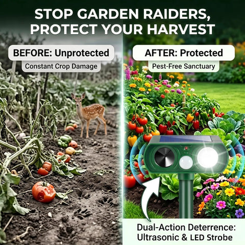 Solar Ultrasonic Animal Repellent For Gardens And Yards With Motion Sensor Strobe Light in before-and-after garden scene