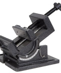 Beefy Tilting Vise For Benchtops And Drill Presses With A 4.25 Inch Jaw Opening 4.25 By 1.75 Inch Jaws Powder Coated Cast Iron Seven Tilting Stops 0 To 90 Degrees Five Half Inch Mounting Brackets For Drill Press Tables, angled jaw view