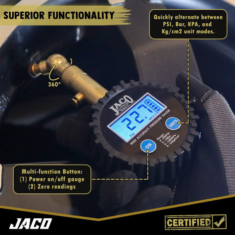 Front view: JACO Elite digital tire pressure gauge with blue LCD display and 360° swivel chuck on a tire valve