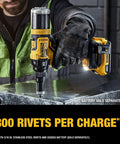 Dewalt 20V Max Xr Cordless Rivet Tool Dcf403B Bare Unit, close-up on steel rivet installation, jobsite ready performance.