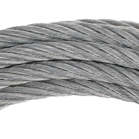 Close-up of Heavy Duty 3/16 Inch X 25 Ft Steel Winch Cable With Galvanized Safety Hook For Boats And Trailers showing 7x19 aircraft wire structure.