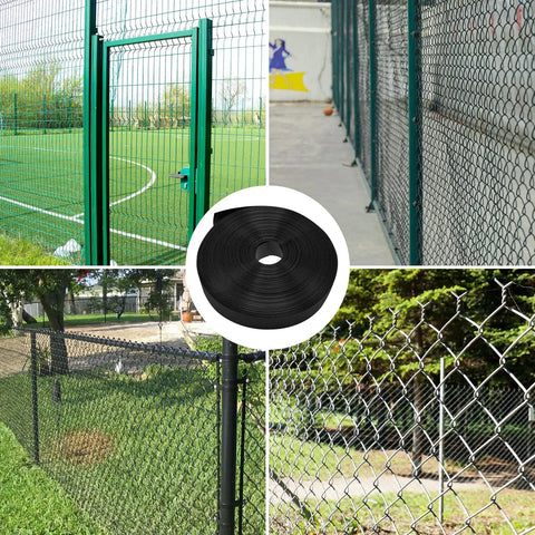 Chain Link Fence Privacy Slats Tape Kit With 246 Ft Length And One Point Eight Five Inch Width Includes 200 Zip Ties And Puncher For No Fuss Easy Install Black Durable Weather Resistant Privacy Cover That Keeps Neighbors Out shown installed on various fences