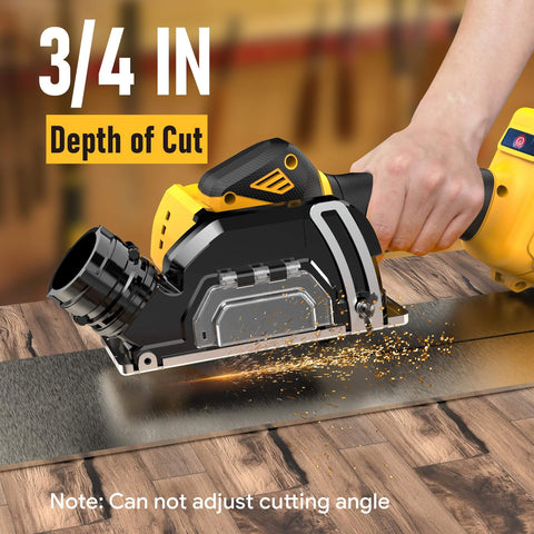 Mini Cordless Circular Saw With Brushless Motor, 3 Inch Blades, 19,500 RPM, in use showing 3/4 inch depth of cut on wood surface