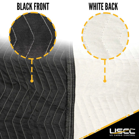 US Cargo Control 80X72 Inch Heavy Duty Moving Blankets thick padded furniture padding, showing black front and white back.