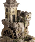 Outdoor Floor Tiered Fairy Castle Waterwheel Fountain With Realistic Stone Look Brown Finish, includes internal pump