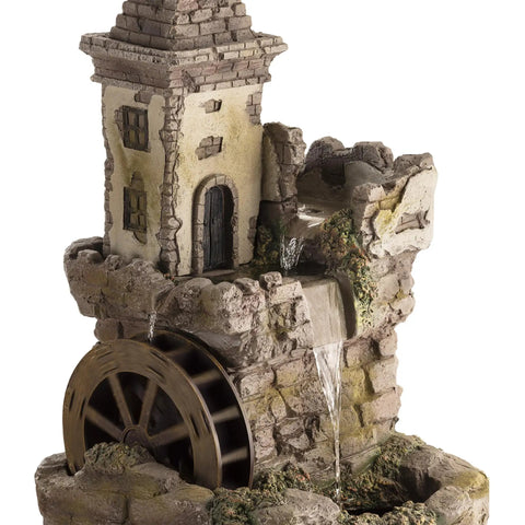 Outdoor Floor Tiered Fairy Castle Waterwheel Fountain With Realistic Stone Look Brown Finish, includes internal pump