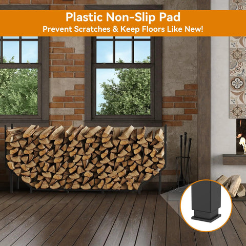 Six Foot Outdoor Firewood Rack Heavy Duty Metal Wood Holder Built For Up To 880 Lbs indoors next to a fireplace