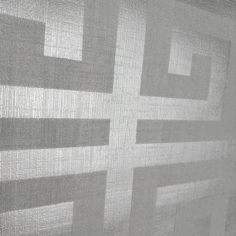 Modern Geometric Greek Key Wallpaper With Metallic Matte Finish Premium Washable Removable Wall Covering close-up of gray silver design