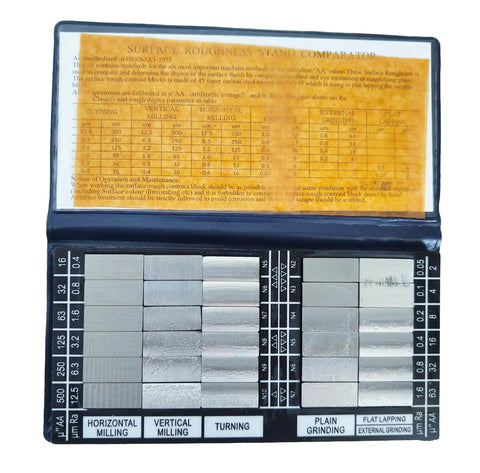 30 Piece Surface Roughness Standards Set With Ra 0.05 To 12.5um Comparators For Quick No Fuss Roughness Testing And Gauge Calibration In Manufacturing.