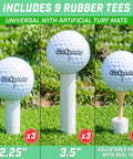 Durable Golf Rubber Tees Set With 1.5, 2.25, And 3.5 Inch Heights for Indoor and Outdoor Mats, shown with golf balls