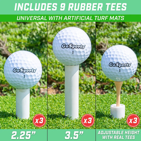 Durable Golf Rubber Tees Set With 1.5, 2.25, And 3.5 Inch Heights for Indoor and Outdoor Mats, shown with golf balls