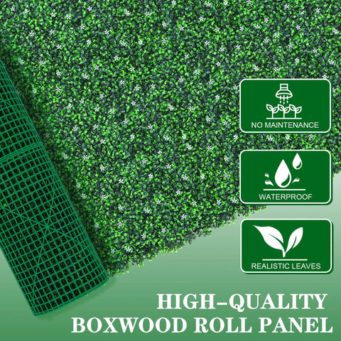 Dense Boxwood Roll Panels With Flowers DIY Friendly No Assembly Needed 48x120 Inches UV Resistant Faux Ivy Privacy Fence Screen Grass Wall