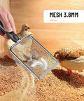 2 Pack Heavy Duty Chicken Poop Scooper With Dual 3.8mm And 5mm Mesh Sizes, Metal Coop Rake And Scoop Tool For Cleaning Poop, Sand Sifting, Litter, And Chicken Bedding. 3.8mm mesh scooping sand in a chicken coop