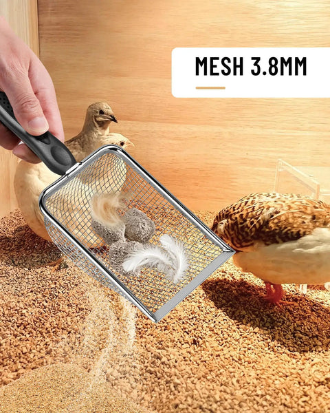 2 Pack Heavy Duty Chicken Poop Scooper With Dual 3.8mm And 5mm Mesh Sizes, Metal Coop Rake And Scoop Tool For Cleaning Poop, Sand Sifting, Litter, And Chicken Bedding. 3.8mm mesh scooping sand in a chicken coop