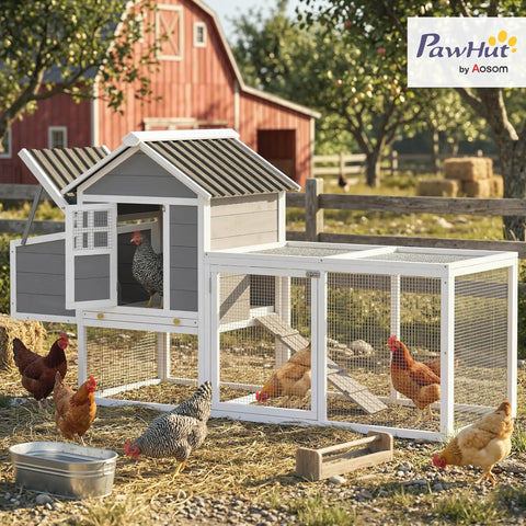 82 Inch Wooden Chicken Coop For 2 To 3 Hens Backyard Hen House With Nesting Box Pull On Tray Ramp And Roosting Bars Large Run Space All Weather Roof And Easy Clean Design In Gray