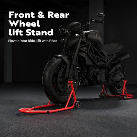 Beefy Heavy Duty Motorcycle Paddock Stands For Front And Rear Wheel Lift 882 Lbs Capacity UL Adjustable Swingarm Spool Durable Steel Frame