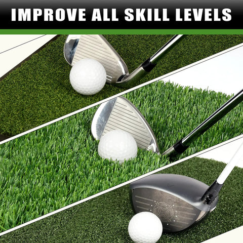 Tri Turf Golf Hitting Mat With Heavy Duty Rubber Backing For Indoor Or Outdoor Practice showing three club types on turf